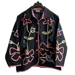 Vintage Rachel Brooke Jacket Womens 1X Black Linen Blend Floral Applique Sequin